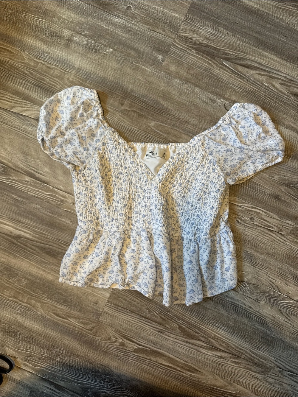 Hollister White and Light Blue Floral Smocked Peplum Blouse